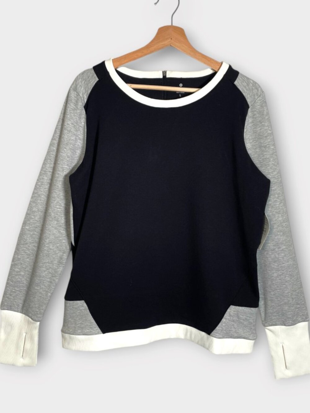 ATHLETA Team Up Sweatshirt L Black Gray Colorblock Long Sleeve French Terry NEW
